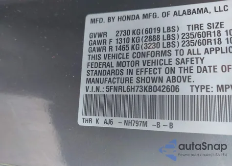 2019 Honda Odyssey Ex-L z USA, uszkodzony, nr VIN 5FNRL6H73KB042606